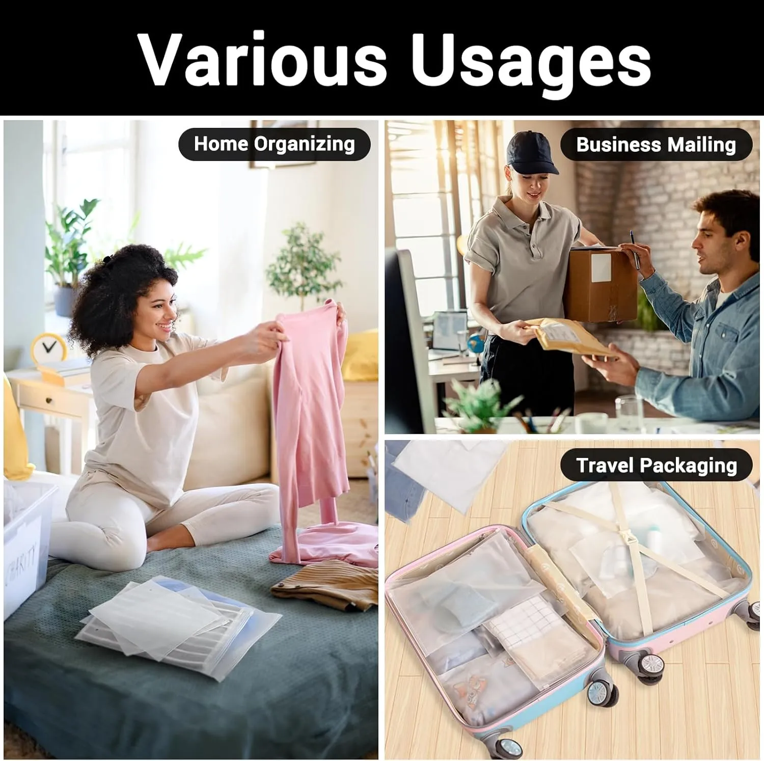 Plastic Shipping Bags, 5 Sizes 12x16" 10x13" 8x10" 12x8" 10x7" Pack of 100, Durable Resealable Zip Poly Bags 3 Mil Thick for Business Packing Mailing Travel, Frosted, with Vent Hole