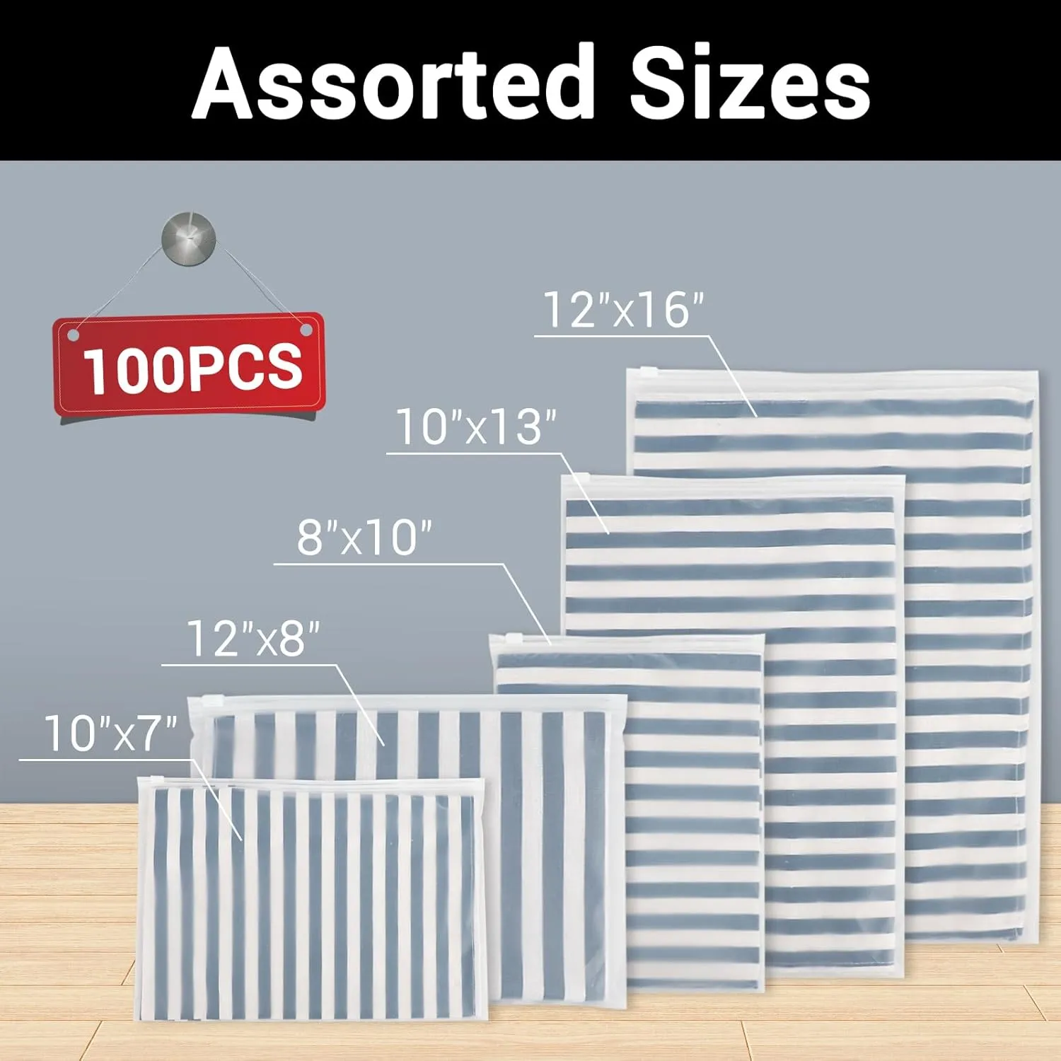 Plastic Shipping Bags, 5 Sizes 12x16" 10x13" 8x10" 12x8" 10x7" Pack of 100, Durable Resealable Zip Poly Bags 3 Mil Thick for Business Packing Mailing Travel, Frosted, with Vent Hole