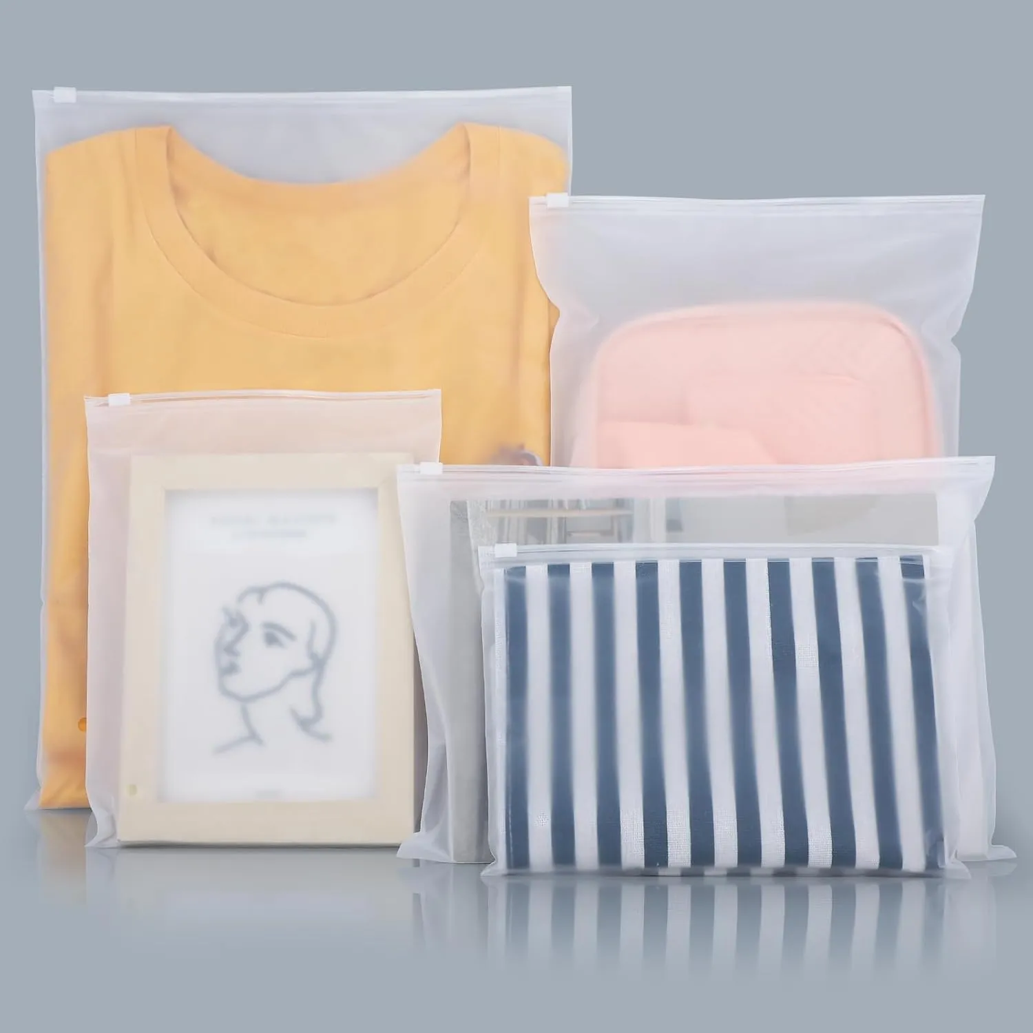 Plastic Shipping Bags, 5 Sizes 12x16" 10x13" 8x10" 12x8" 10x7" Pack of 100, Durable Resealable Zip Poly Bags 3 Mil Thick for Business Packing Mailing Travel, Frosted, with Vent Hole