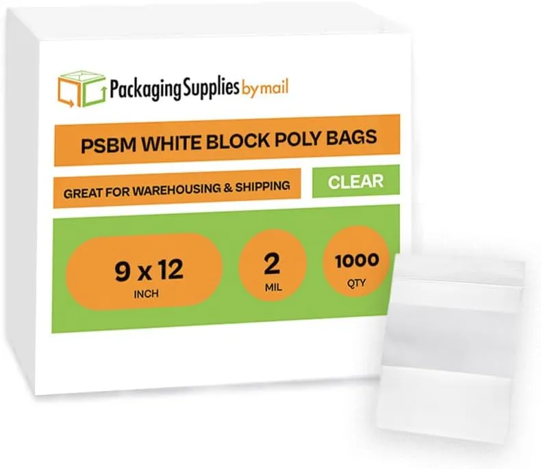 Plastic Zipper Bag, Resealable White Block Bags, Clear, 9 x 12 Inch, 2 Mil, 1000 Pack