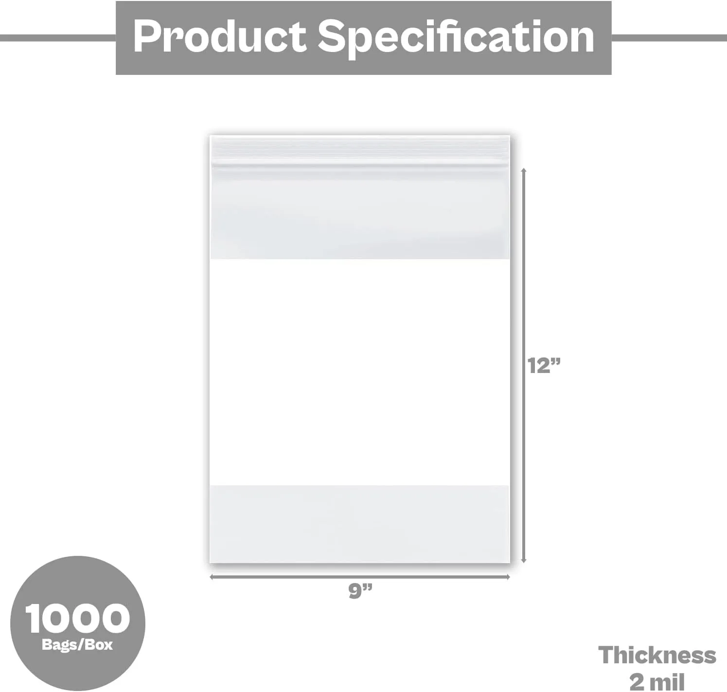 Plastic Zipper Bag, Resealable White Block Bags, Clear, 9 x 12 Inch, 2 Mil, 1000 Pack