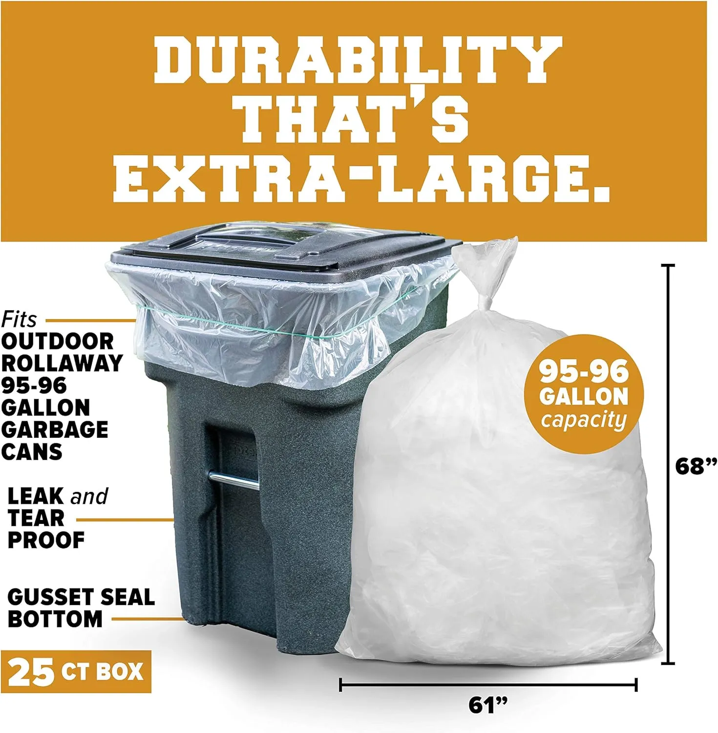 Plasticplace 95-96 gallon Garbage Can Liners │ 2 Mil │ Clear Heavy Duty Trash Bags │ 61” X 68” (25Count)