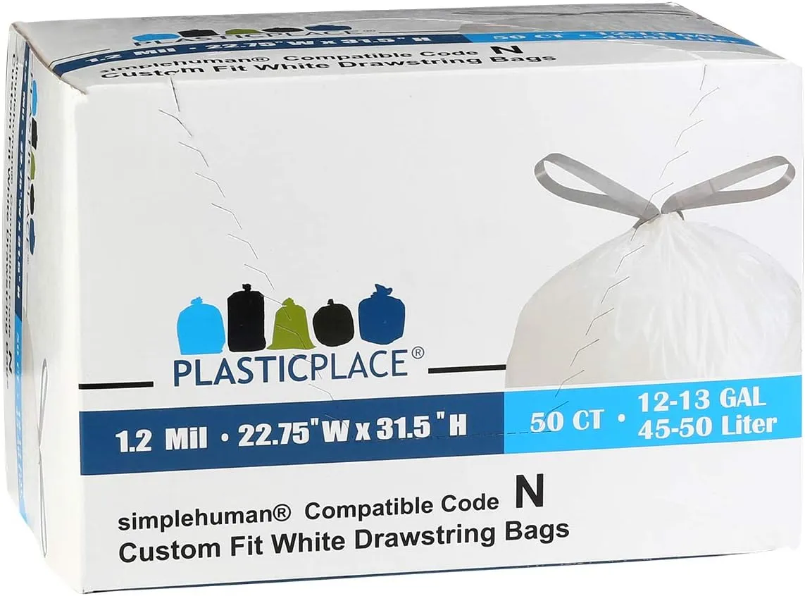 Plasticplace Custom Fit Trash Bags, Compatible with simplehuman Code N (50 Count) White Drawstring Garbage Liners 12-13 Gallon / 45-50 Liters, 22.5" x 31.5"