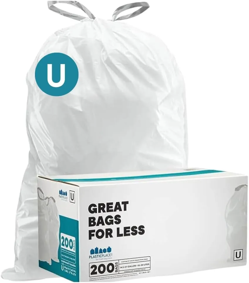 Plasticplace Custom Fit Trash Bags, Compatible with simplehuman Code U (200 Count) White Drawstring Garbage Liners 14.5-21 Gallon/ 55-80 Liter 26.5" x 32"