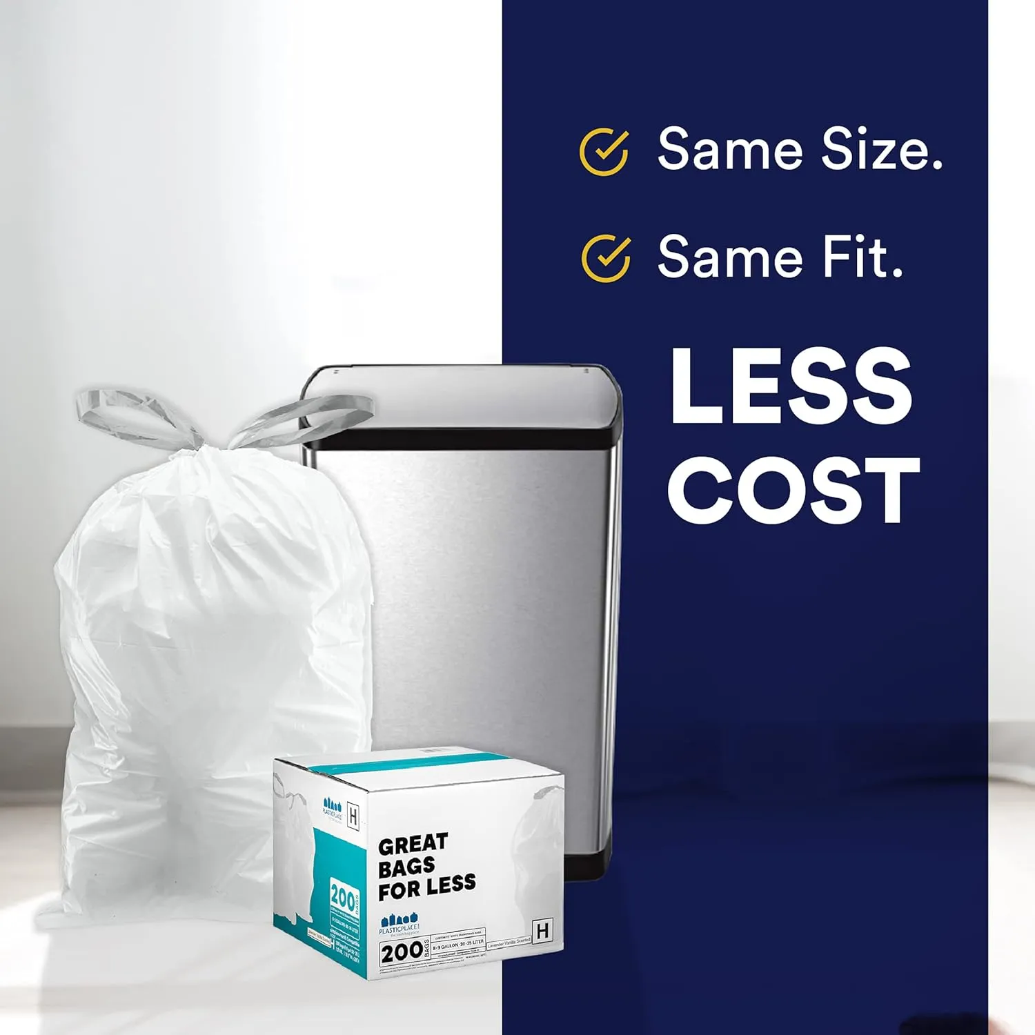 Plasticplace Custom Fit Trash Bags, Compatible with simplehuman Code U (200 Count) White Drawstring Garbage Liners 14.5-21 Gallon/ 55-80 Liter 26.5" x 32"