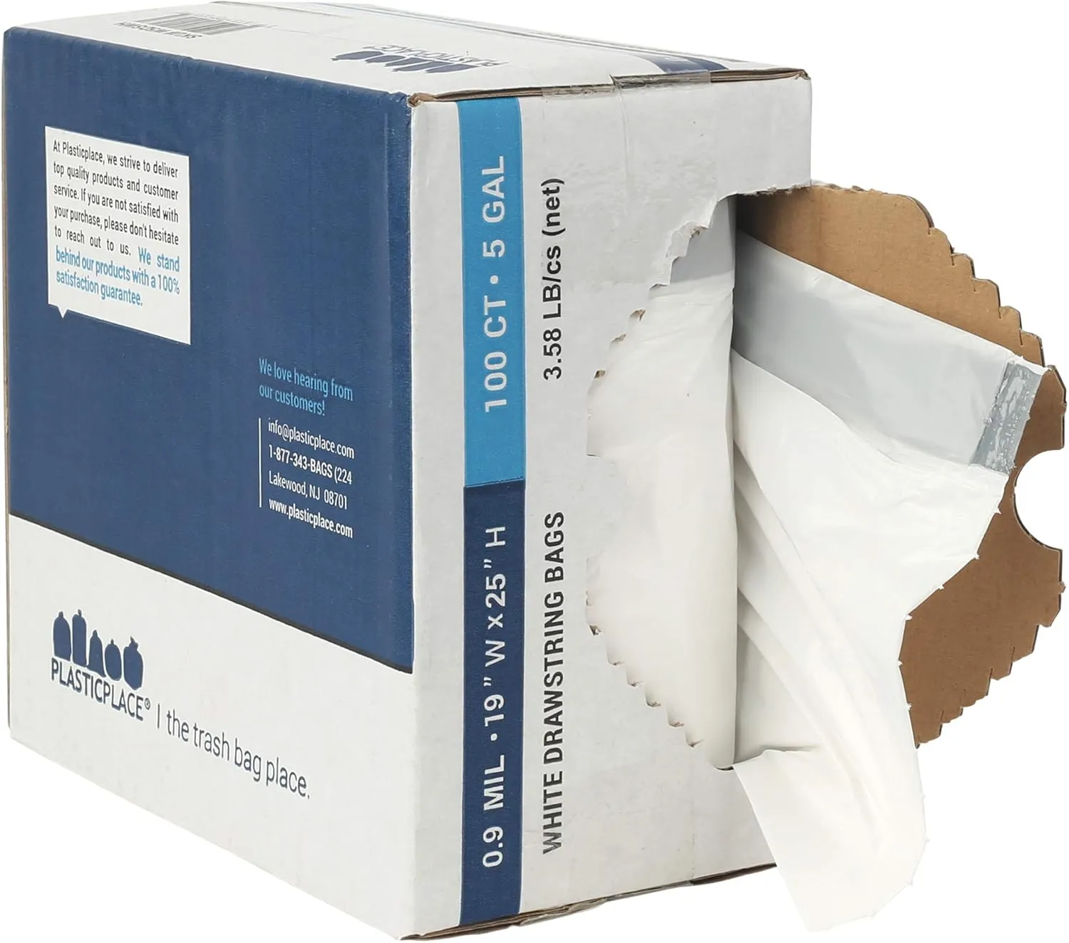 Plasticplace Trash Bags - 5 Gallon Garbage Bag Liners White│0.9 Mil Thick, Sturdy Drawstring Placement│19" X 25" Size (100 Count)