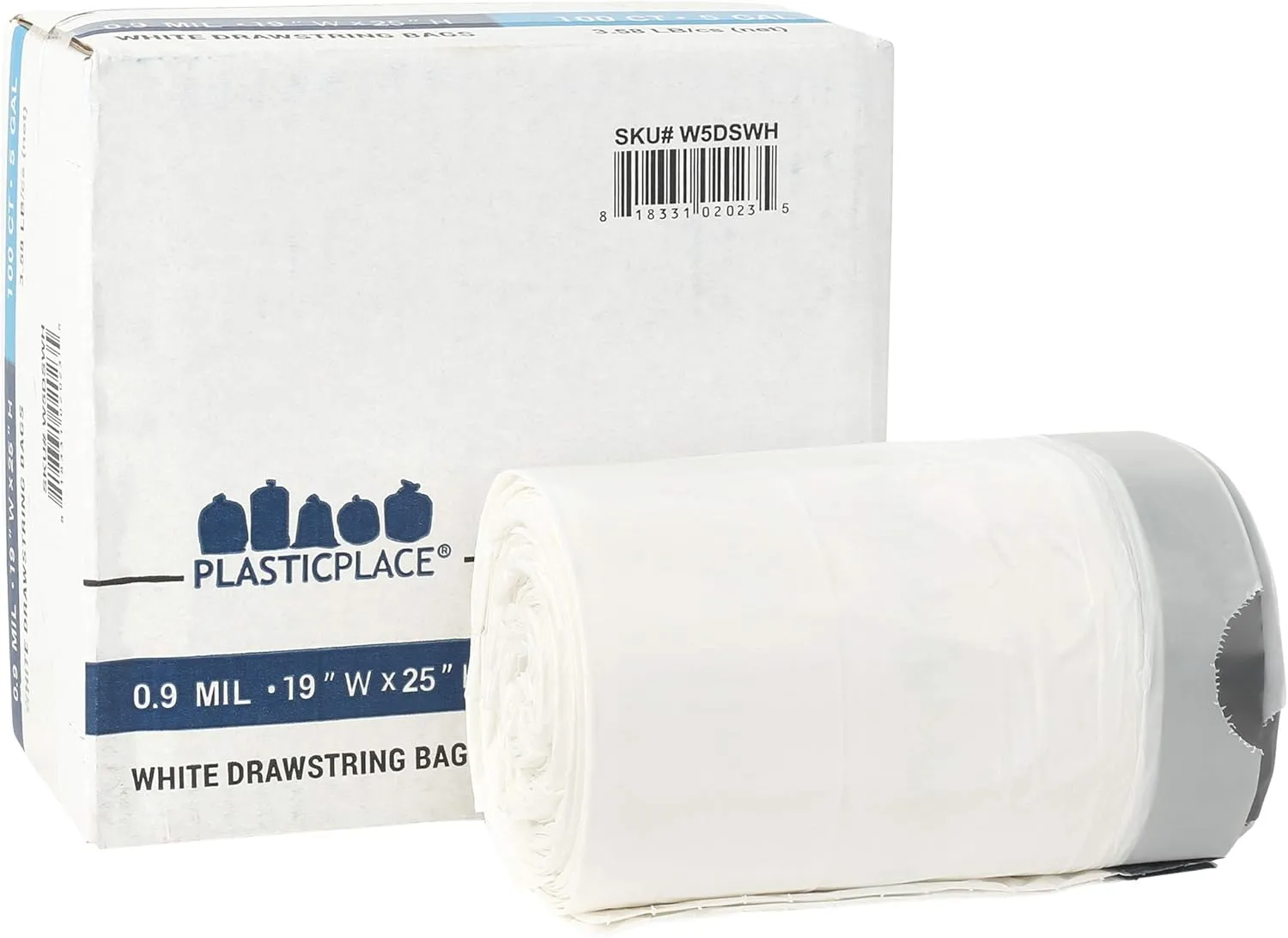 Plasticplace Trash Bags - 5 Gallon Garbage Bag Liners White│0.9 Mil Thick, Sturdy Drawstring Placement│19" X 25" Size (100 Count)
