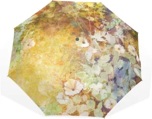 Poeticcity Vintage Watercolor Floral Flowers Yellow Pattern Travel Umbrella, Hand Open Close Windproof Waterproof Folding Umbrella, Black Tape Compact Canopy Strong Anti UV Ray Parasol