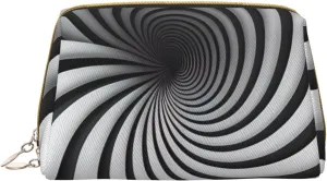 Portable Leather Makeup Bag for Women - Travel Cosmetic Organizer, Large spiral optical illusion gif Print Makeup Pouch