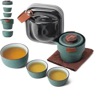 Portable Teapot Set, Portable Kung Fu Tea Set Mini Traveling Chinese Ceramic Teapot with 3 Cups All in One Travel Bag - Ideal for Travel Camping Picnic
