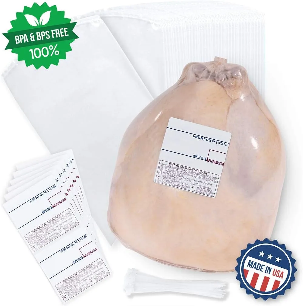 Poultry Shrink Bags 10"x18" Zip Ties and Labels, 3 MIL, BPA Free, MADE IN USA (100)