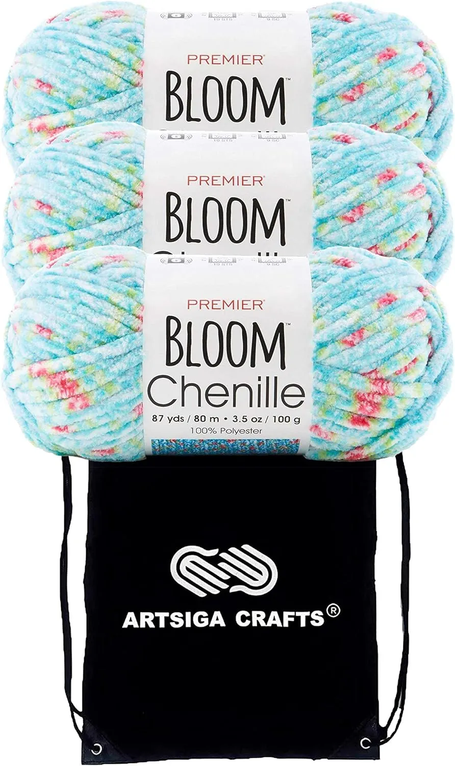 Premier Yarns Bloom Chenille Begonia 2099-07 (3-Skeins - Same Dye Lot) Weight S Bulky #6 Polyester Yarn for Crocheting and Knitting with Project Bag