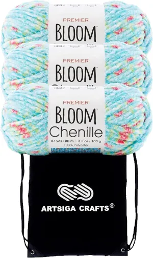 Premier Yarns Bloom Chenille Begonia 2099-07 (3-Skeins - Same Dye Lot) Weight S Bulky #6 Polyester Yarn for Crocheting and Knitting with Project Bag