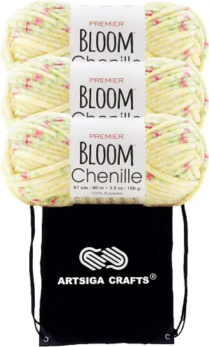 Premier Yarns Bloom Chenille Buttercup 2099-08 (3-Skeins - Same Dye Lot) Weight S Bulky #6 Polyester Yarn for Crocheting and Knitting with Project Bag