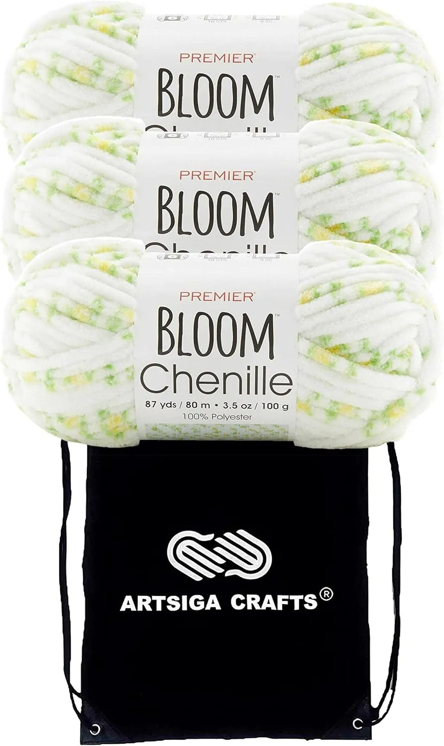 Premier Yarns Bloom Chenille Daffodil 2099-01 (3-Skeins - Same Dye Lot) Weight S Bulky #6 Polyester Yarn for Crocheting and Knitting with Project Bag
