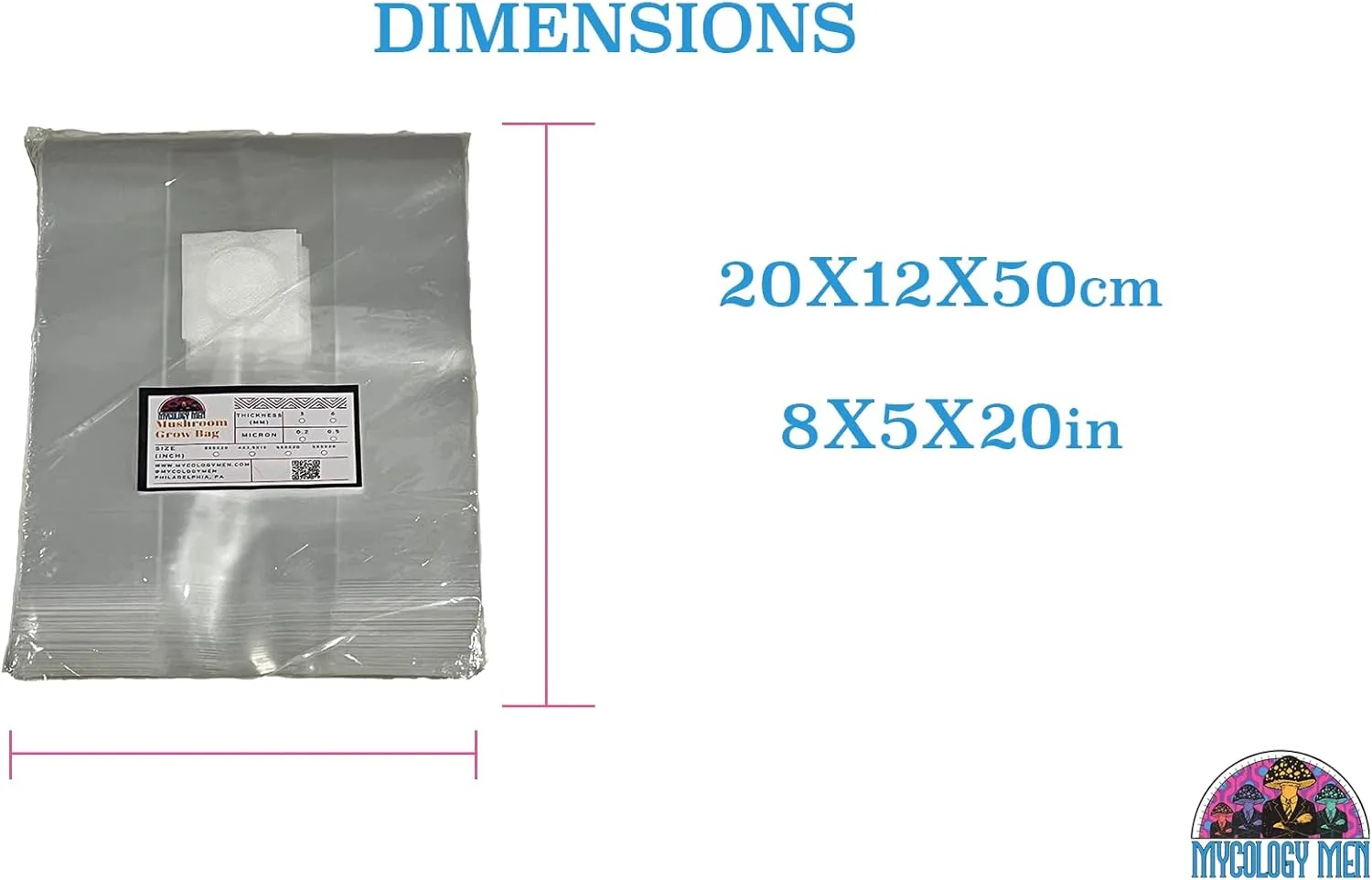 Premium 8x5x20 inch Mushroom Grow Bags 50-Pack, 0.2 Micron 3mm Thick, Indoor, Transparent