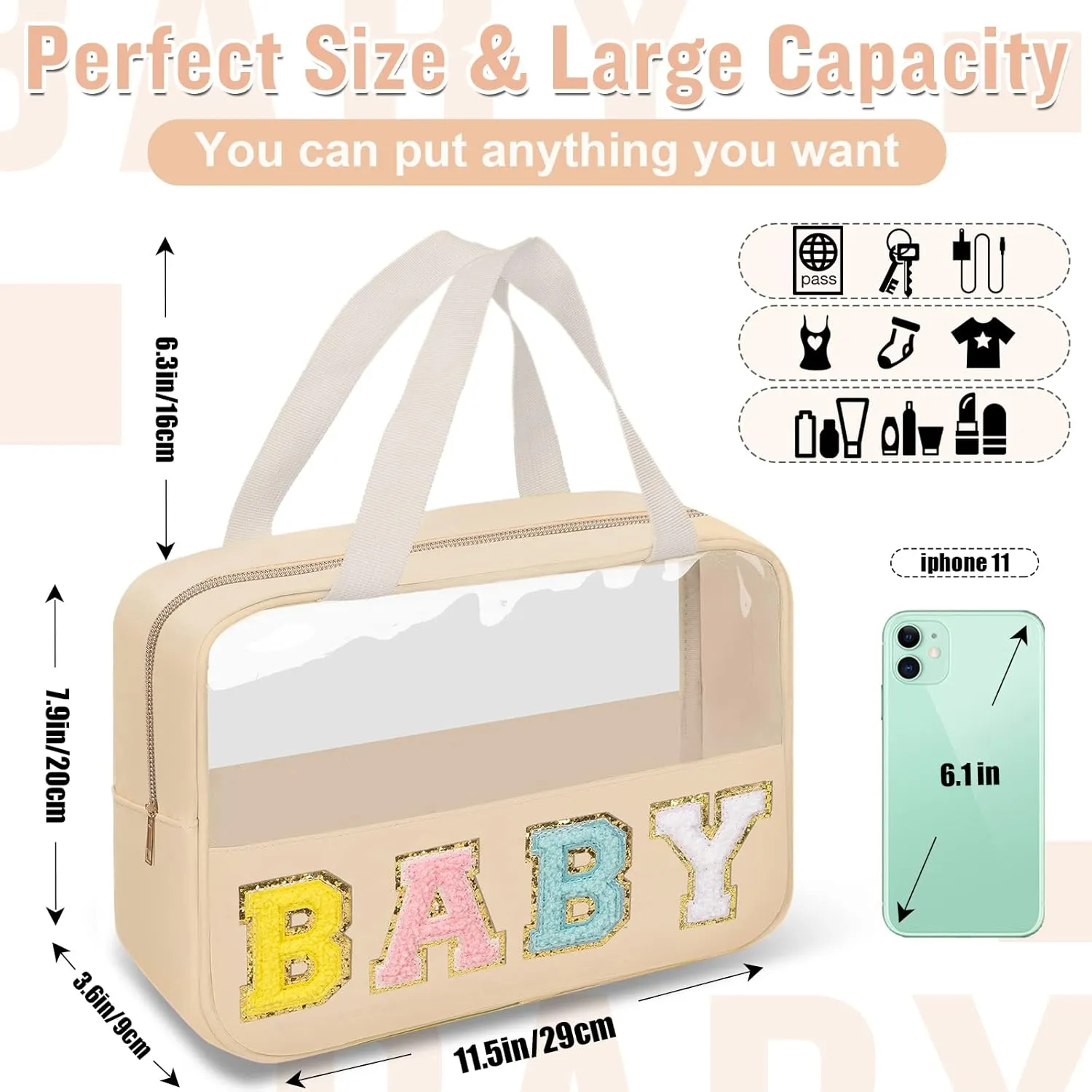 Preppy Clear Baby Makeup Bags with Chenille Letter Patches, Travel Essentials Large Clear Make up Bag Zipper Pouch with Handle, Waterproof Nylon Cosmetic Toiletry Storage Tote for Women (BABY-Beige)