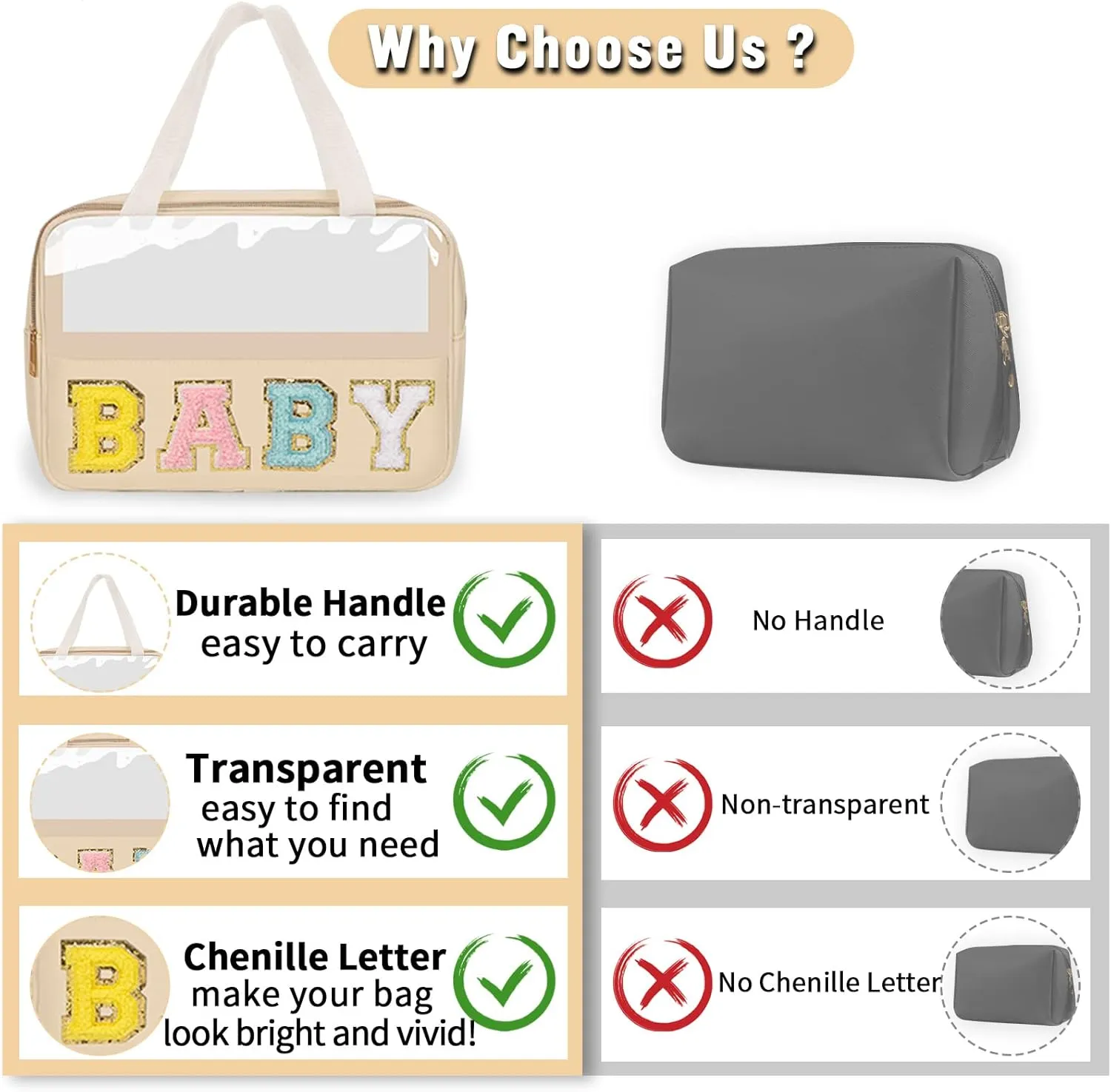 Preppy Clear Baby Makeup Bags with Chenille Letter Patches, Travel Essentials Large Clear Make up Bag Zipper Pouch with Handle, Waterproof Nylon Cosmetic Toiletry Storage Tote for Women (BABY-Beige)