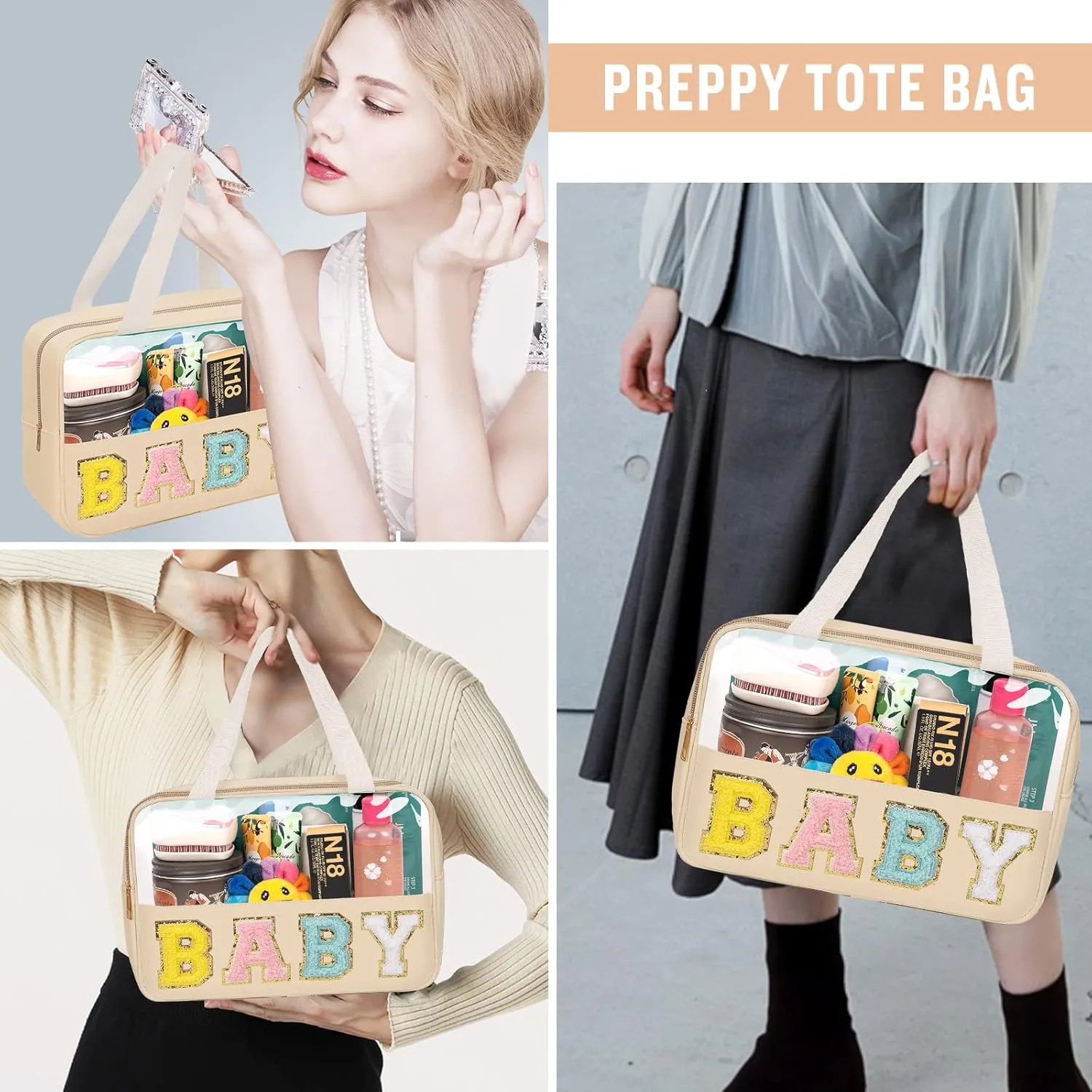 Preppy Clear Baby Makeup Bags with Chenille Letter Patches, Travel Essentials Large Clear Make up Bag Zipper Pouch with Handle, Waterproof Nylon Cosmetic Toiletry Storage Tote for Women (BABY-Beige)