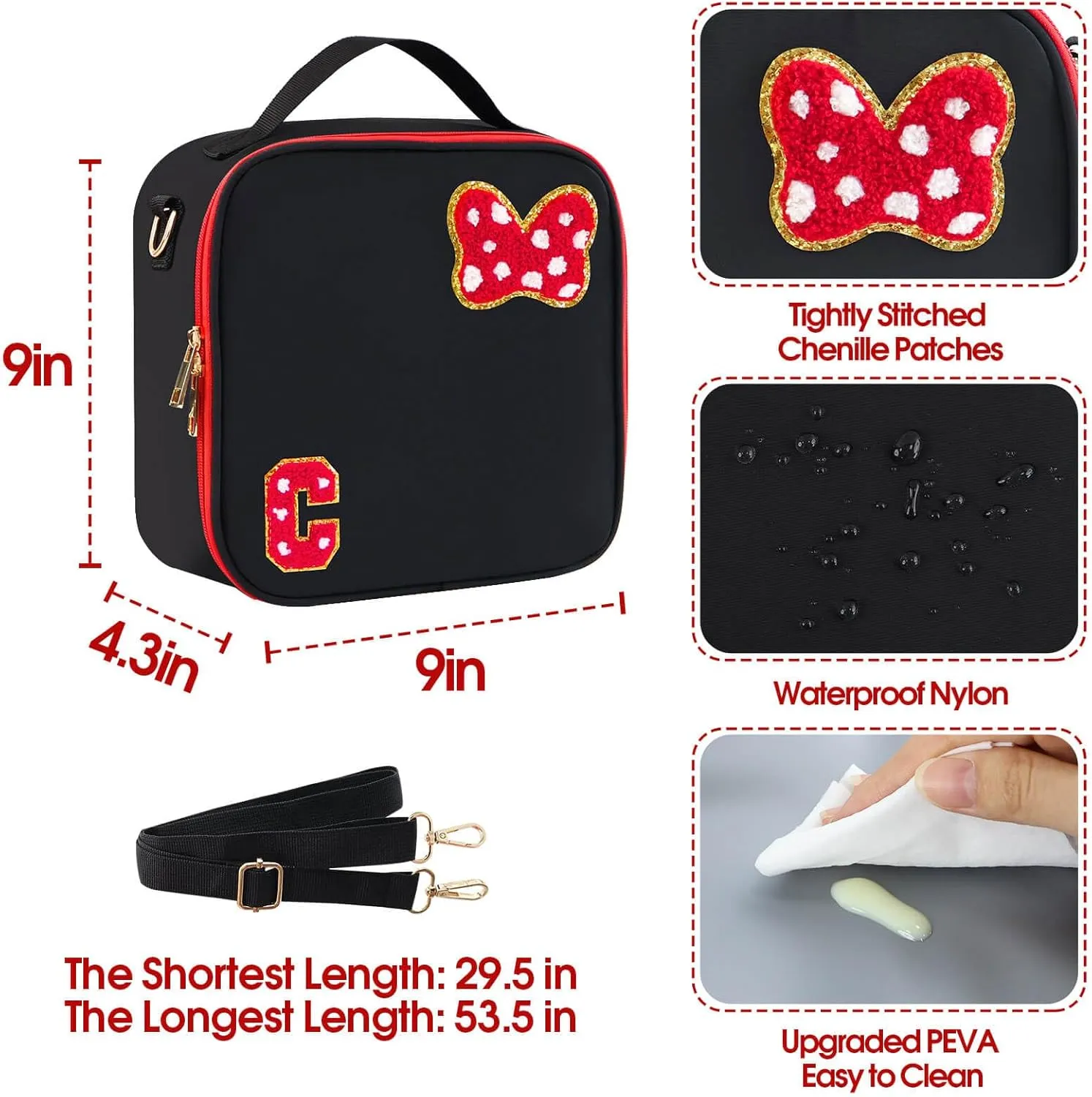 Preppy Initial Bow Mouse Lunch Bag, Kids Insulated Lunch Box Gifts for Teen Girls Daughter, Reusable Soft Lunch Containers Crossbody Cooler Bag Must Haves for Park Travel School Work Picnic Black C