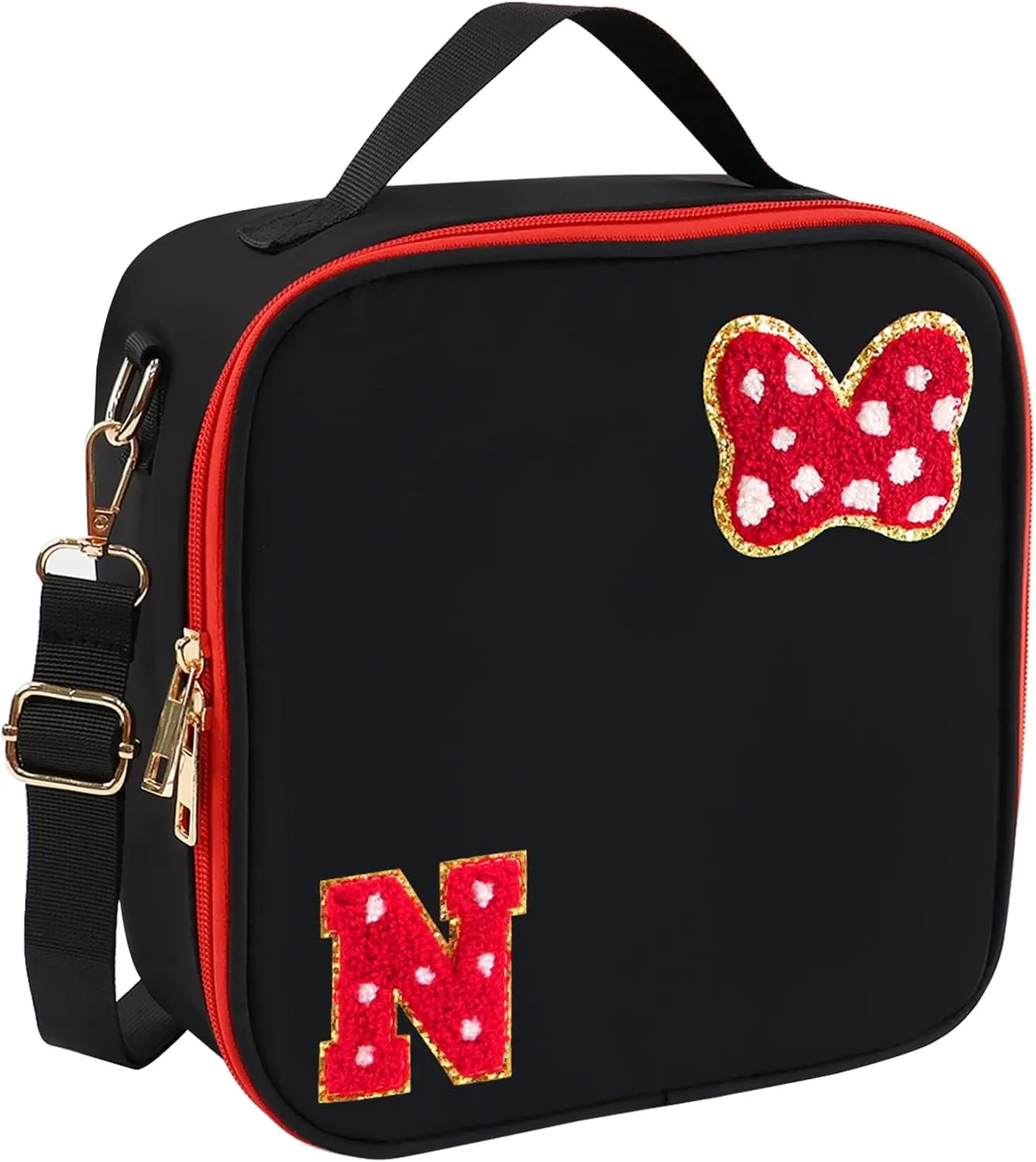 Preppy Initial Bow Mouse Lunch Bag, Kids Insulated Lunch Box Gifts for Teen Girls Daughter, Reusable Soft Lunch Containers Crossbody Cooler Bag Must Haves for Park Travel School Work Picnic Black N