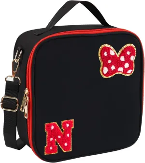 Preppy Initial Bow Mouse Lunch Bag, Kids Insulated Lunch Box Gifts for Teen Girls Daughter, Reusable Soft Lunch Containers Crossbody Cooler Bag Must Haves for Park Travel School Work Picnic Black N