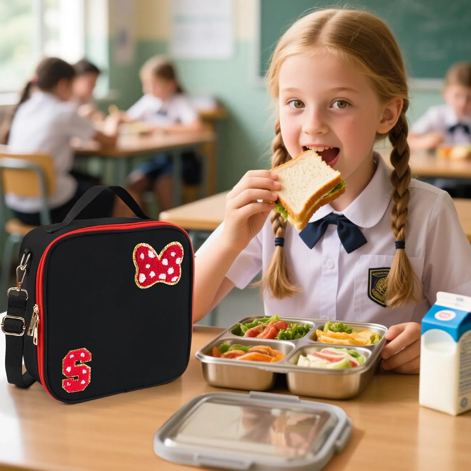 Preppy Initial Bow Mouse Lunch Bag, Kids Insulated Lunch Box Gifts for Teen Girls Daughter, Reusable Soft Lunch Containers Crossbody Cooler Bag Must Haves for Park Travel School Work Picnic Black S