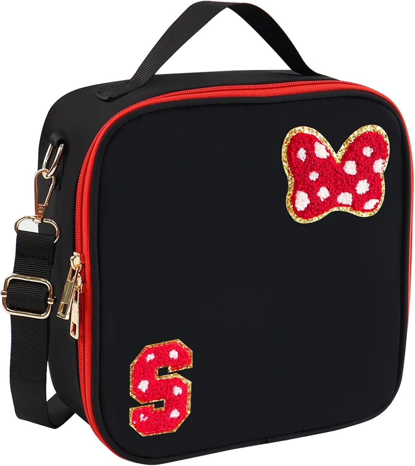 Preppy Initial Bow Mouse Lunch Bag, Kids Insulated Lunch Box Gifts for Teen Girls Daughter, Reusable Soft Lunch Containers Crossbody Cooler Bag Must Haves for Park Travel School Work Picnic Black S