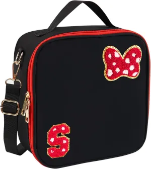 Preppy Initial Bow Mouse Lunch Bag, Kids Insulated Lunch Box Gifts for Teen Girls Daughter, Reusable Soft Lunch Containers Crossbody Cooler Bag Must Haves for Park Travel School Work Picnic Black S