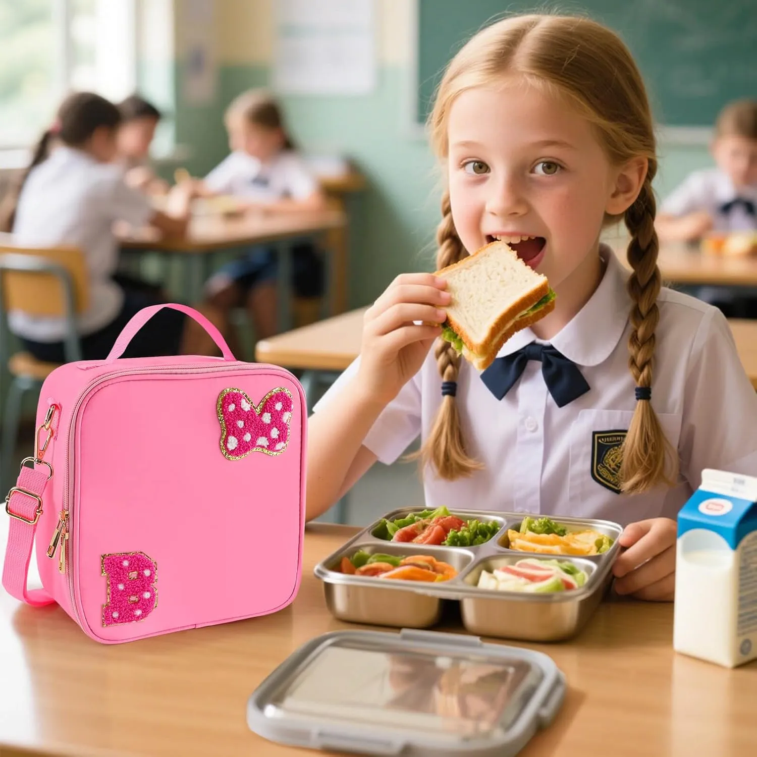 Preppy Initial Bow Mouse Lunch Bag, Kids Insulated Lunch Box Gifts for Teen Girls Daughter, Reusable Soft Lunch Containers Crossbody Cooler Bag Must Haves for Park Travel School Work Picnic Pink B