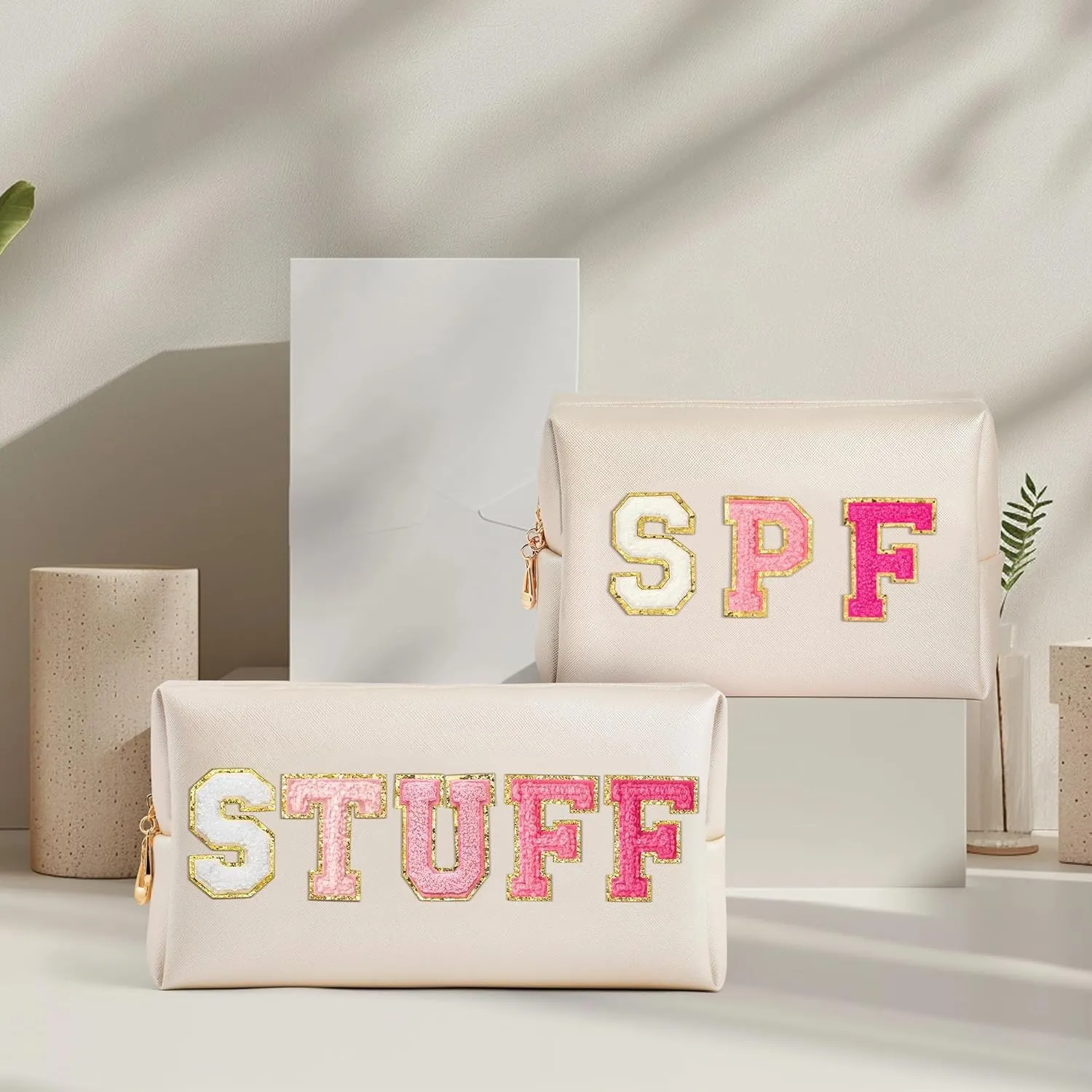 Preppy Patch Cosmetic Bags - Summer 2P Rose Red STUFF SPF Chenille Letter Makeup Bag, PU leather Travel Toiletry Bag Portable Waterproof Bag Zipper Pouch for Women Girls