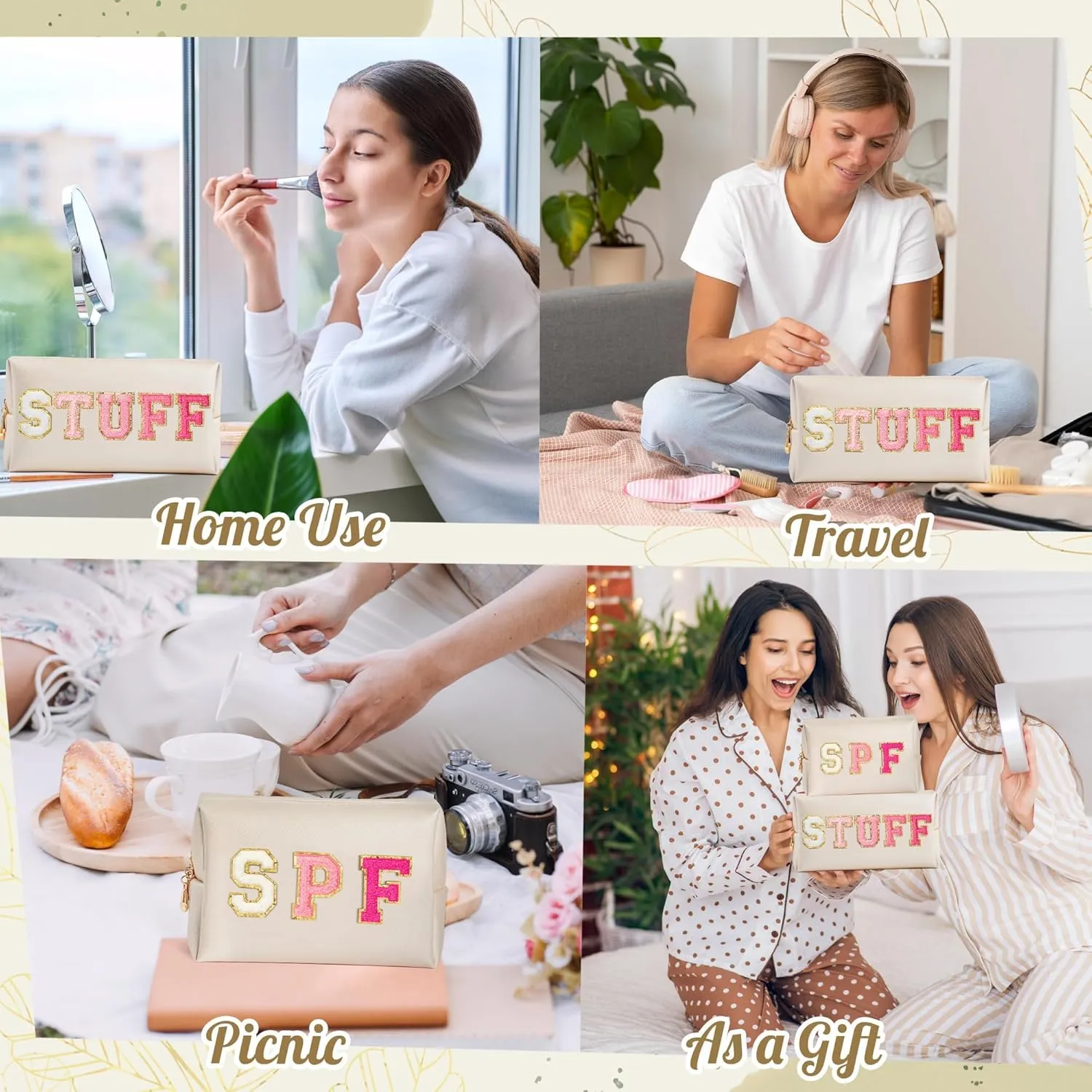 Preppy Patch Cosmetic Bags - Summer 2P Rose Red STUFF SPF Chenille Letter Makeup Bag, PU leather Travel Toiletry Bag Portable Waterproof Bag Zipper Pouch for Women Girls