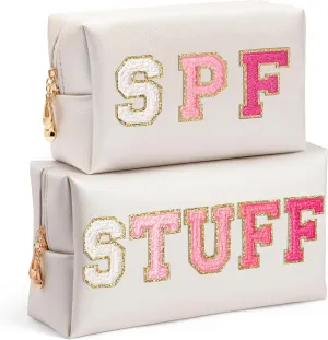 Preppy Patch Cosmetic Bags - Summer 2P Rose Red STUFF SPF Chenille Letter Makeup Bag, PU leather Travel Toiletry Bag Portable Waterproof Bag Zipper Pouch for Women Girls