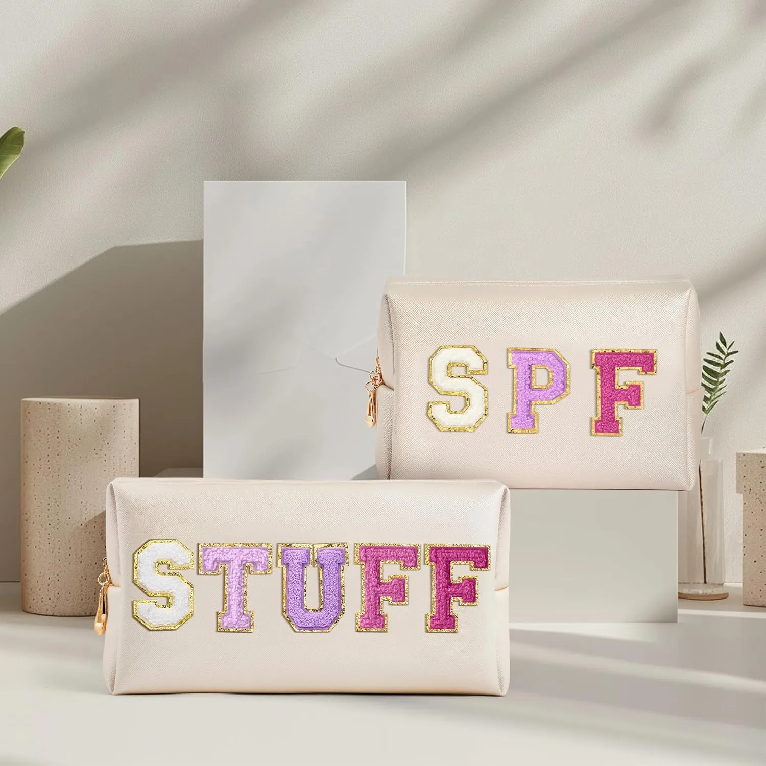 Preppy Patch Cosmetic Bags - Valentine's Day 2P Purple STUFF SPF Chenille Letter Makeup Bag, PU leather Travel Toiletry Bag Portable Waterproof Bag Zipper Pouch for Women Girls