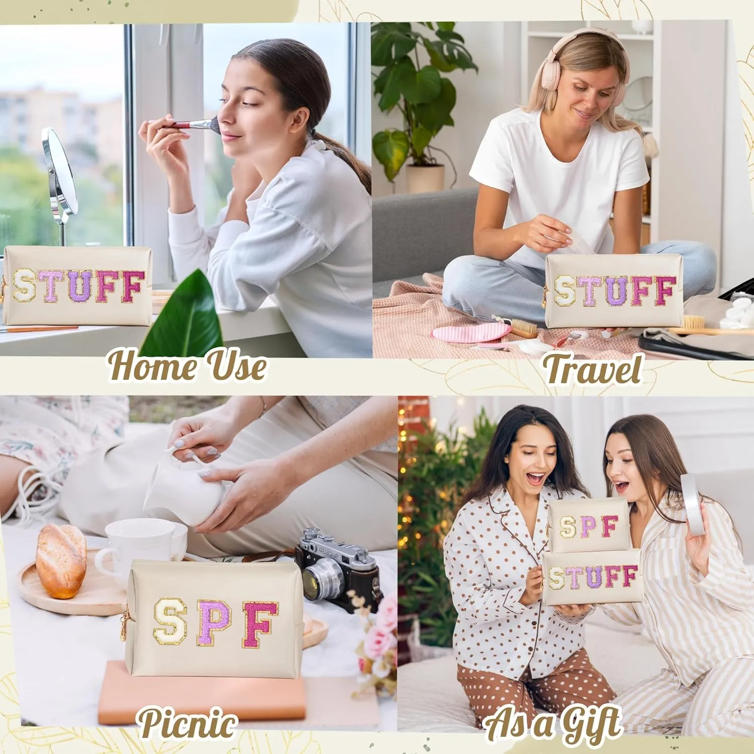 Preppy Patch Cosmetic Bags - Valentine's Day 2P Purple STUFF SPF Chenille Letter Makeup Bag, PU leather Travel Toiletry Bag Portable Waterproof Bag Zipper Pouch for Women Girls