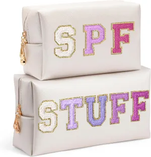 Preppy Patch Cosmetic Bags - Valentine's Day 2P Purple STUFF SPF Chenille Letter Makeup Bag, PU leather Travel Toiletry Bag Portable Waterproof Bag Zipper Pouch for Women Girls