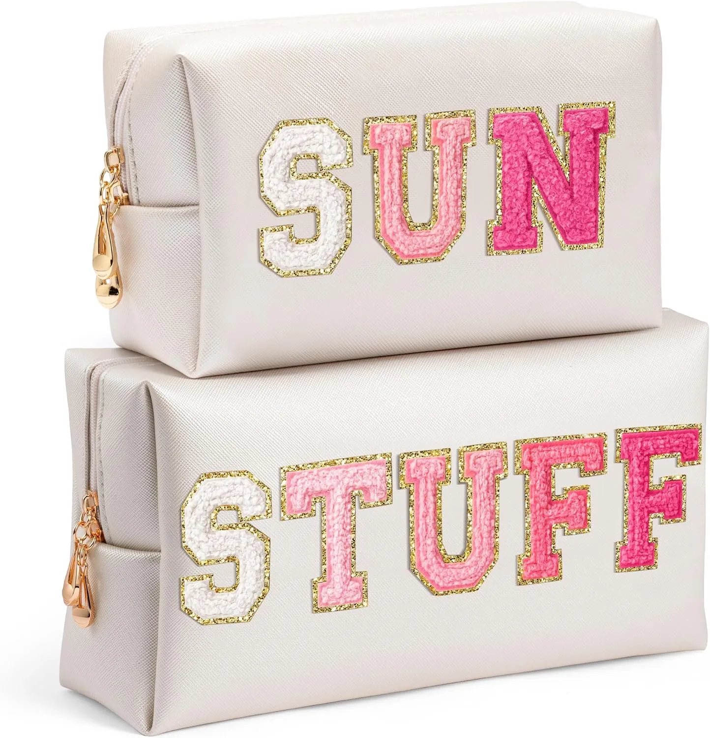 Preppy Patch Cosmetic Bags - Valentine's Day Gifts 2P Rose Red STUFF SUN Chenille Letter Makeup Bag, PU leather Travel Toiletry Bag Portable Waterproof Bag Zipper Pouch for Women Girls