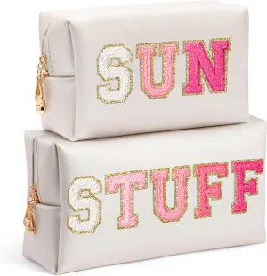 Preppy Patch Cosmetic Bags - Valentine's Day Gifts 2P Rose Red STUFF SUN Chenille Letter Makeup Bag, PU leather Travel Toiletry Bag Portable Waterproof Bag Zipper Pouch for Women Girls