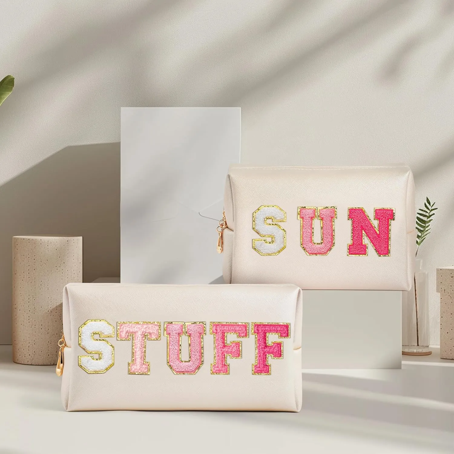 Preppy Patch Cosmetic Bags - Valentine's Day Gifts 2P Rose Red STUFF SUN Chenille Letter Makeup Bag, PU leather Travel Toiletry Bag Portable Waterproof Bag Zipper Pouch for Women Girls