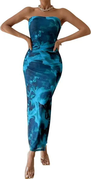 PRETTYGARDEN Women's Summer Maxi Bodycon Dresses Strapless Tube Top Slit Floral Printed Party Club Long Dress