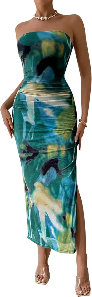 PRETTYGARDEN Women's Summer Maxi Bodycon Dresses Strapless Tube Top Slit Floral Printed Party Club Long Dress