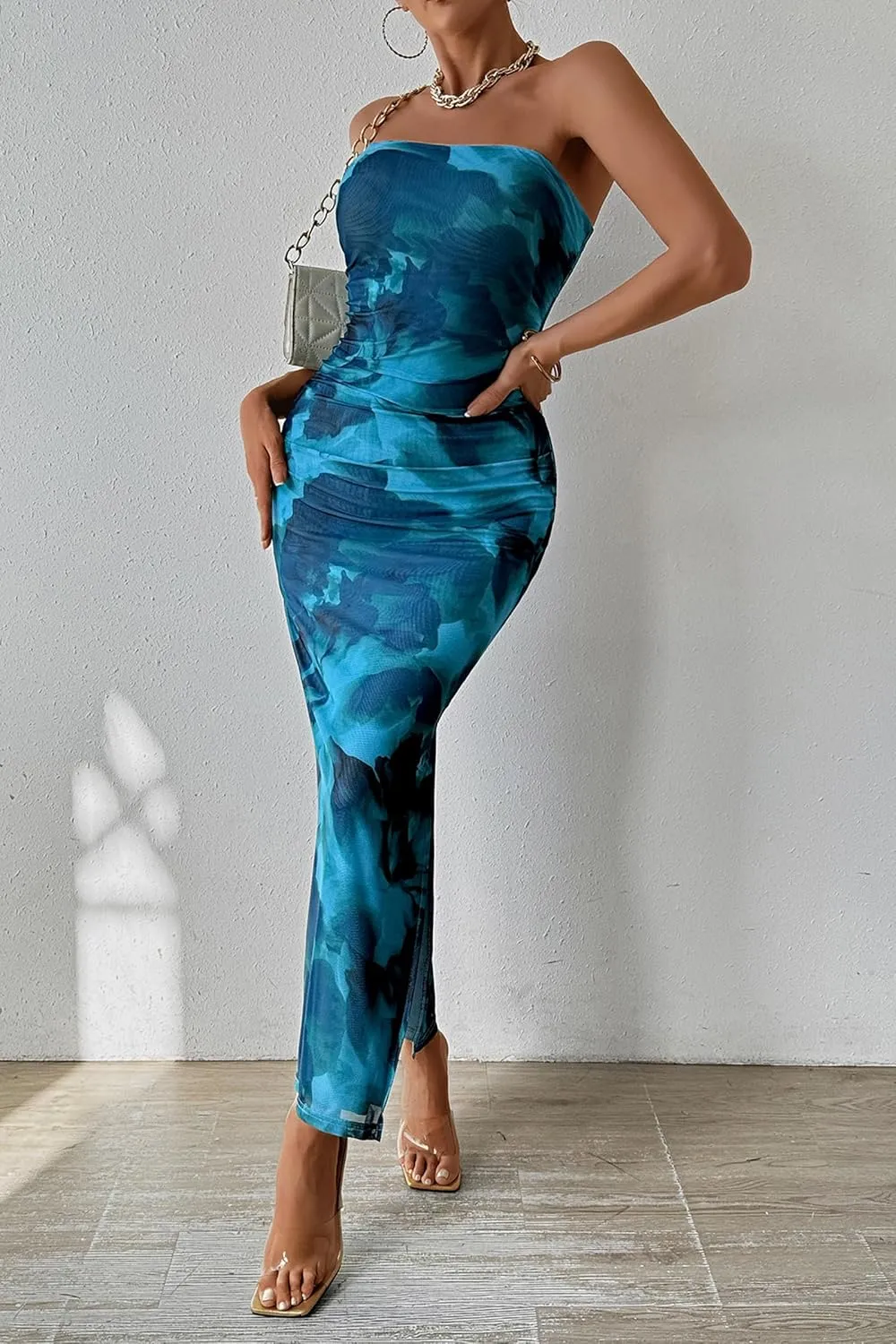 PRETTYGARDEN Women's Summer Maxi Bodycon Dresses Strapless Tube Top Slit Floral Printed Party Club Long Dress