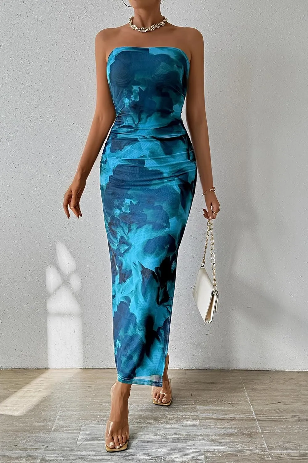 PRETTYGARDEN Women's Summer Maxi Bodycon Dresses Strapless Tube Top Slit Floral Printed Party Club Long Dress