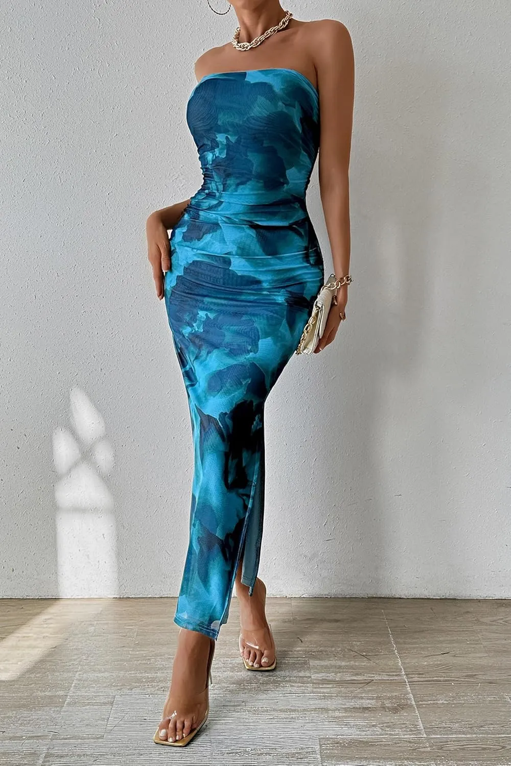 PRETTYGARDEN Women's Summer Maxi Bodycon Dresses Strapless Tube Top Slit Floral Printed Party Club Long Dress