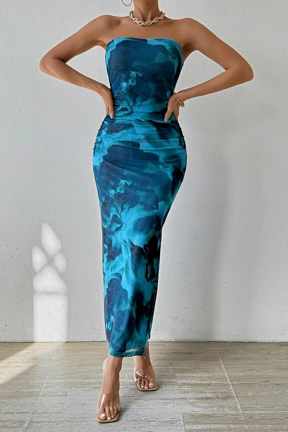 PRETTYGARDEN Women's Summer Maxi Bodycon Dresses Strapless Tube Top Slit Floral Printed Party Club Long Dress