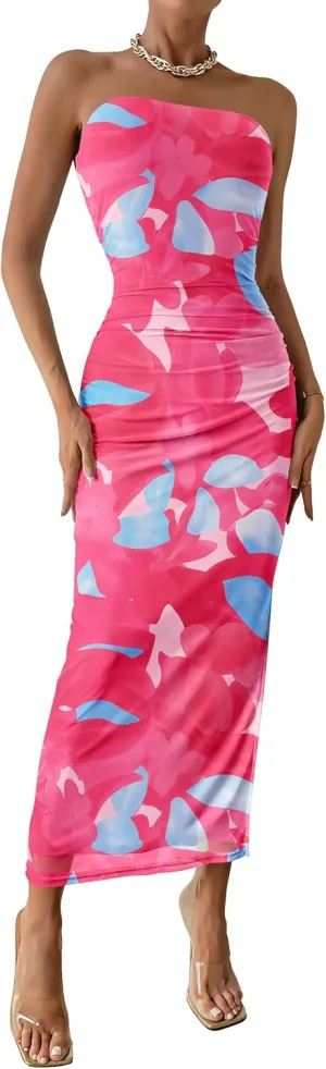 PRETTYGARDEN Women's Summer Maxi Bodycon Dresses Strapless Tube Top Slit Floral Printed Party Club Long Dress