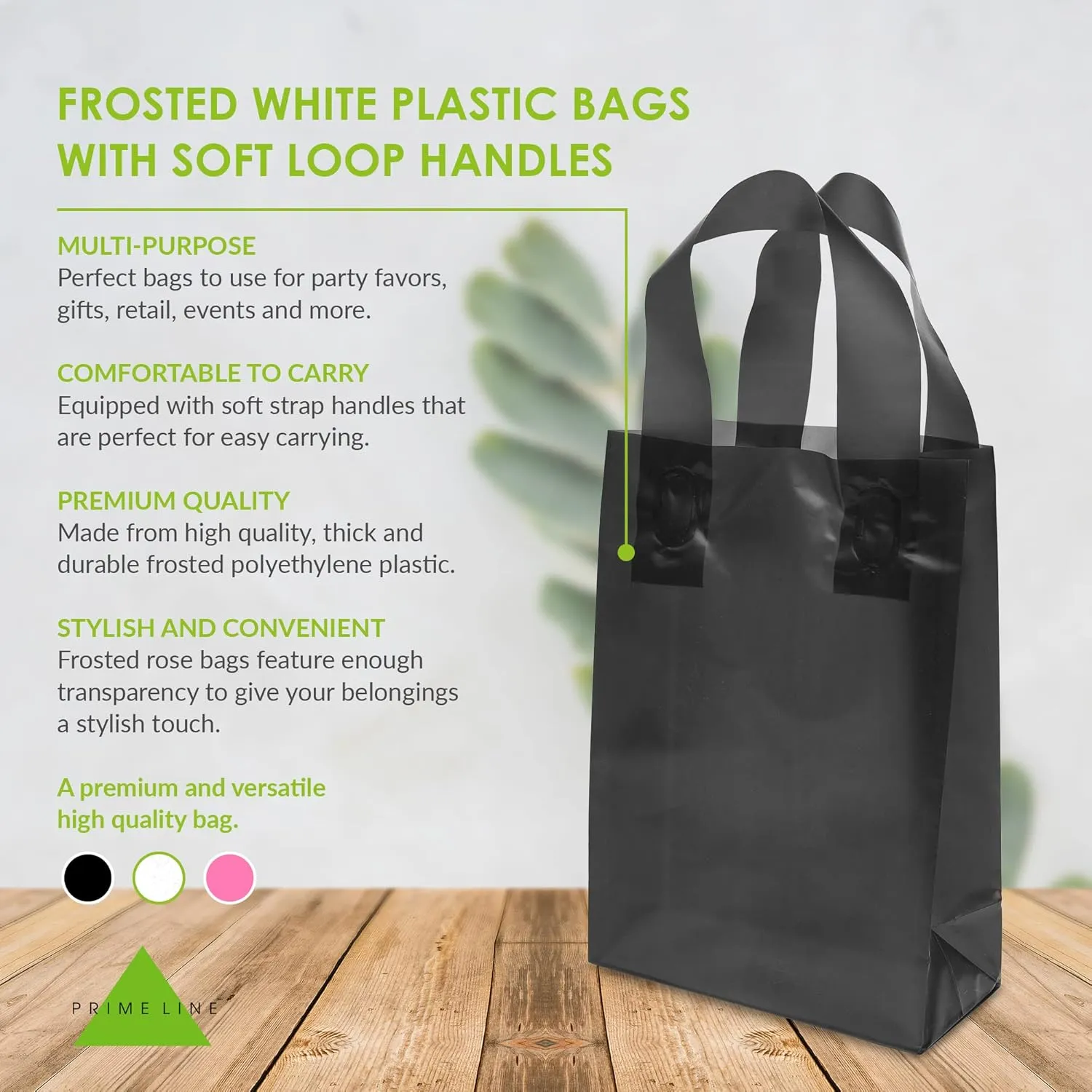 Prime Line Packaging Plastic Gift Bags with Handles, Shopping Tote for Small Business, Black Frosted, Retail, Boutiques, To Go, Party, 6x3x9 50 Pack