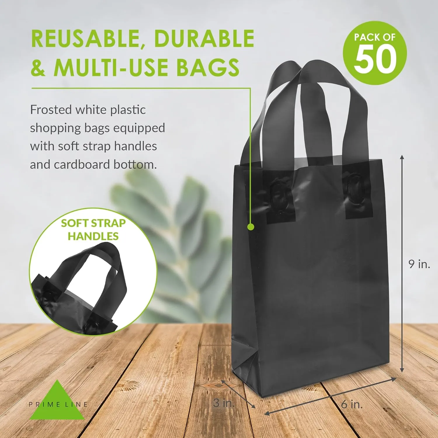 Prime Line Packaging Plastic Gift Bags with Handles, Shopping Tote for Small Business, Black Frosted, Retail, Boutiques, To Go, Party, 6x3x9 50 Pack