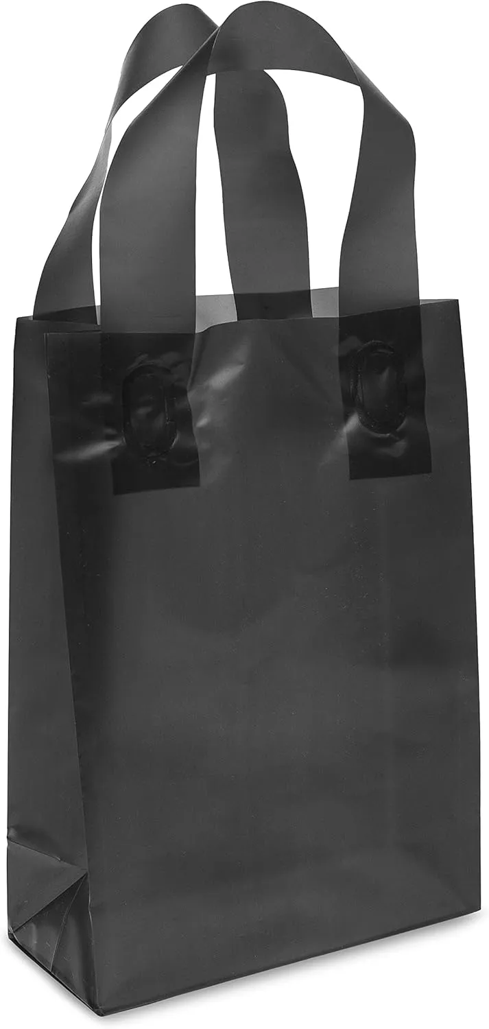 Prime Line Packaging Plastic Gift Bags with Handles, Shopping Tote for Small Business, Black Frosted, Retail, Boutiques, To Go, Party, 6x3x9 50 Pack