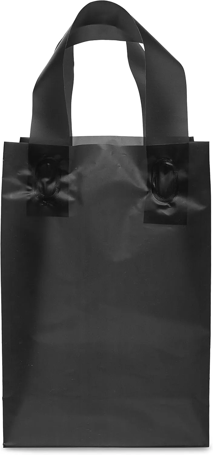 Prime Line Packaging Plastic Gift Bags with Handles, Shopping Tote for Small Business, Black Frosted, Retail, Boutiques, To Go, Party, 6x3x9 50 Pack